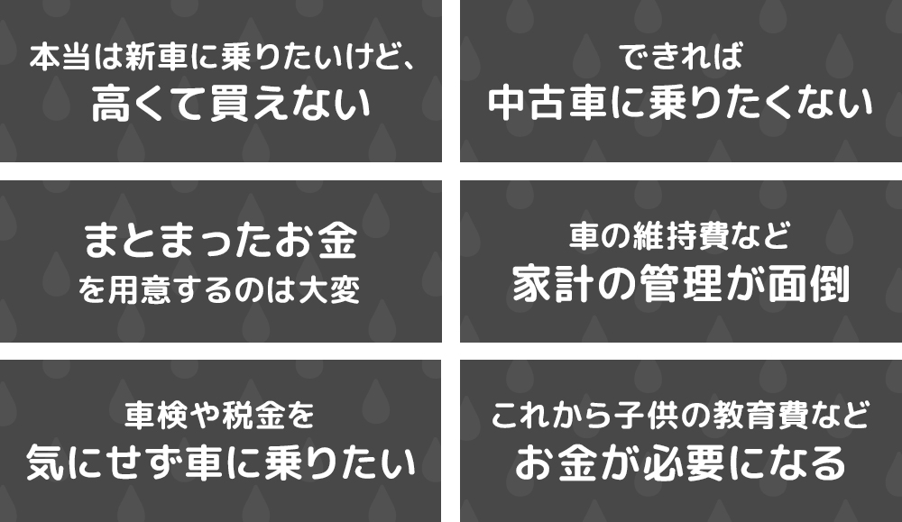 本当は新車に乗りたいけど、高くて買えない。できれば中古車に乗りたくない。まとまったお金を用意するのは大変。車の維持費など 家計の管理が面倒。車検や税金を気にせず車に乗りたい。これから子供の教育費などお金が必要になる。